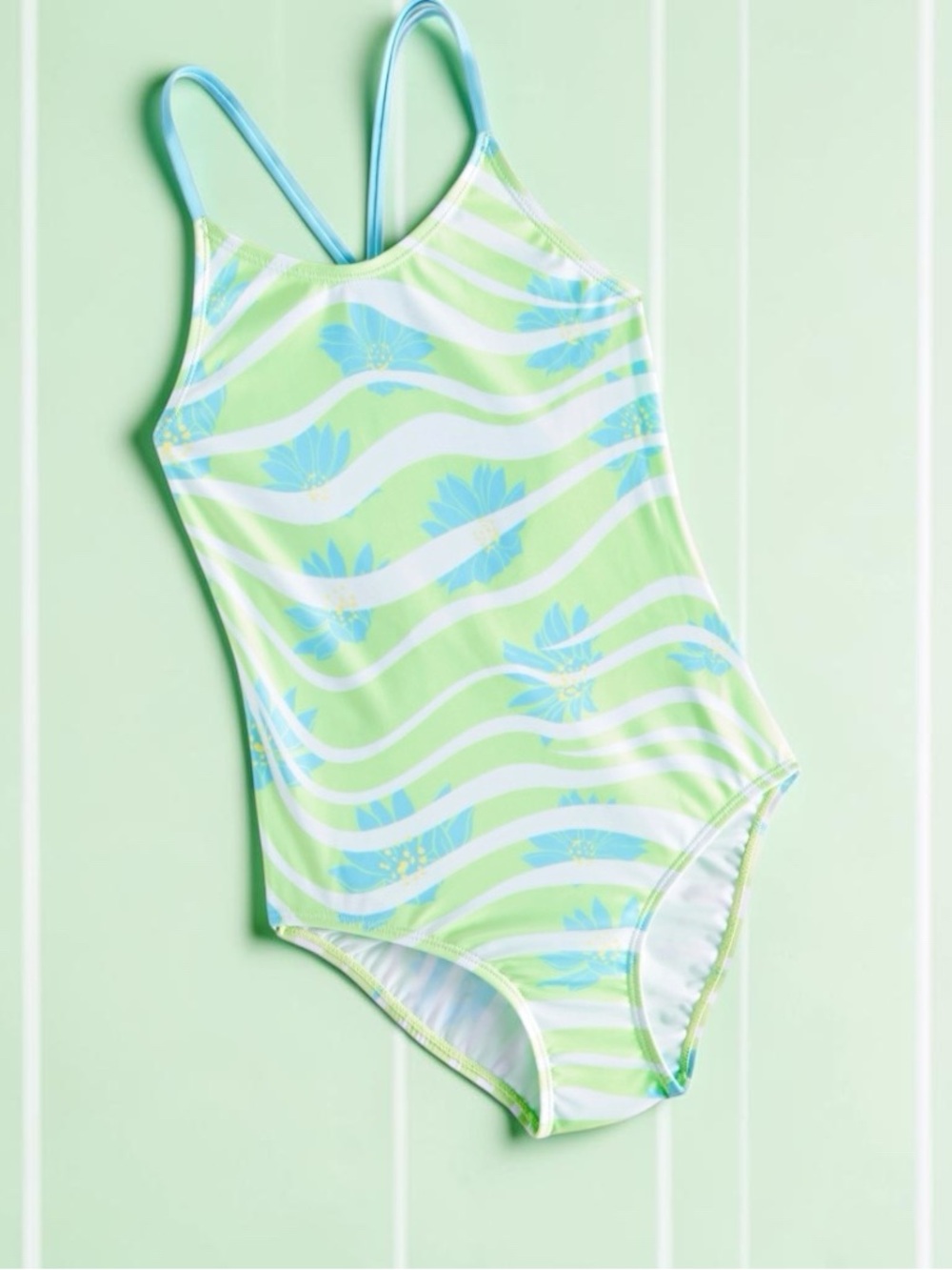 New ID Ideology Girls One-Piece Wavy Floral Swimsuit, Green Medium